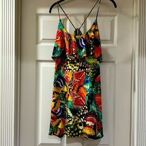 Planet Gold sleeveless open backed dress bright multicolored butterfly print